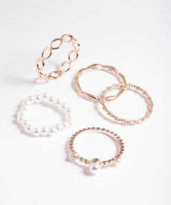 Rose Pearl & Twist Ring 5-Pack