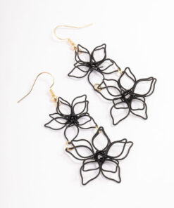 Black Double Wire Flower Drop Earrings