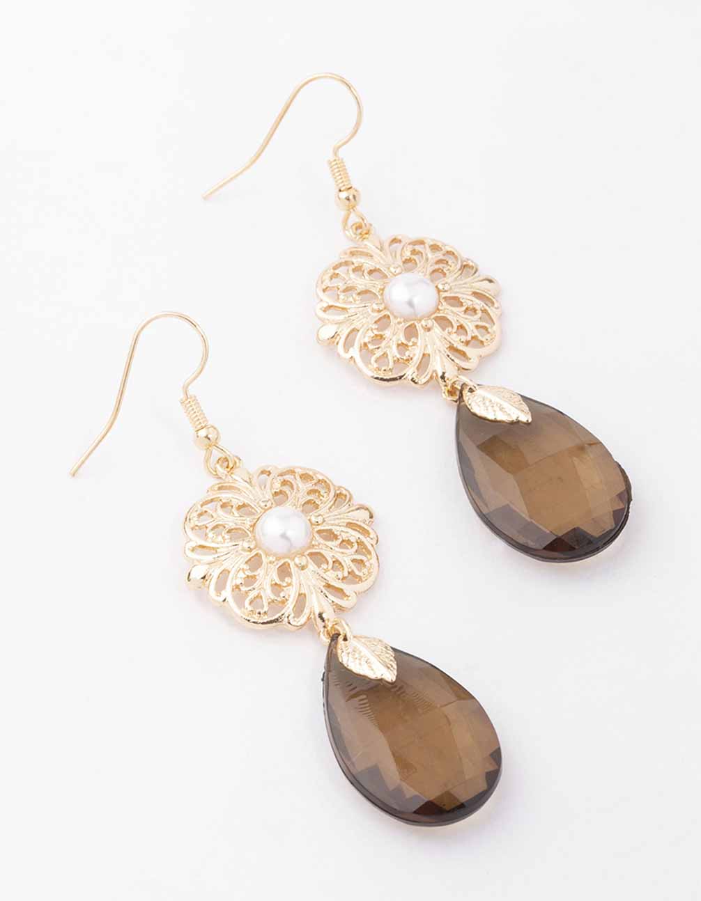 Brown Pearl Filigree Flower Earrings