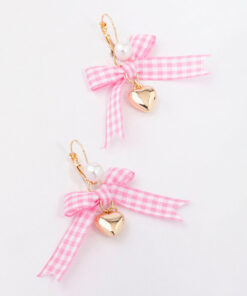 Pink Gingham Bow & Heart Earrings