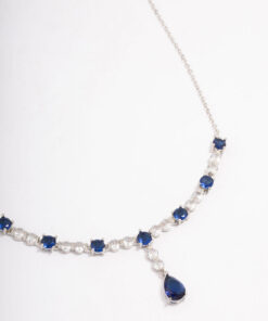 Rhodium Sapphire Stone Drop Necklace