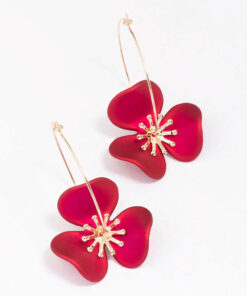 & Red Flower Wire Hoop Earrings