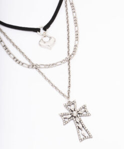 Rhodium Cross Cord Layered Necklace