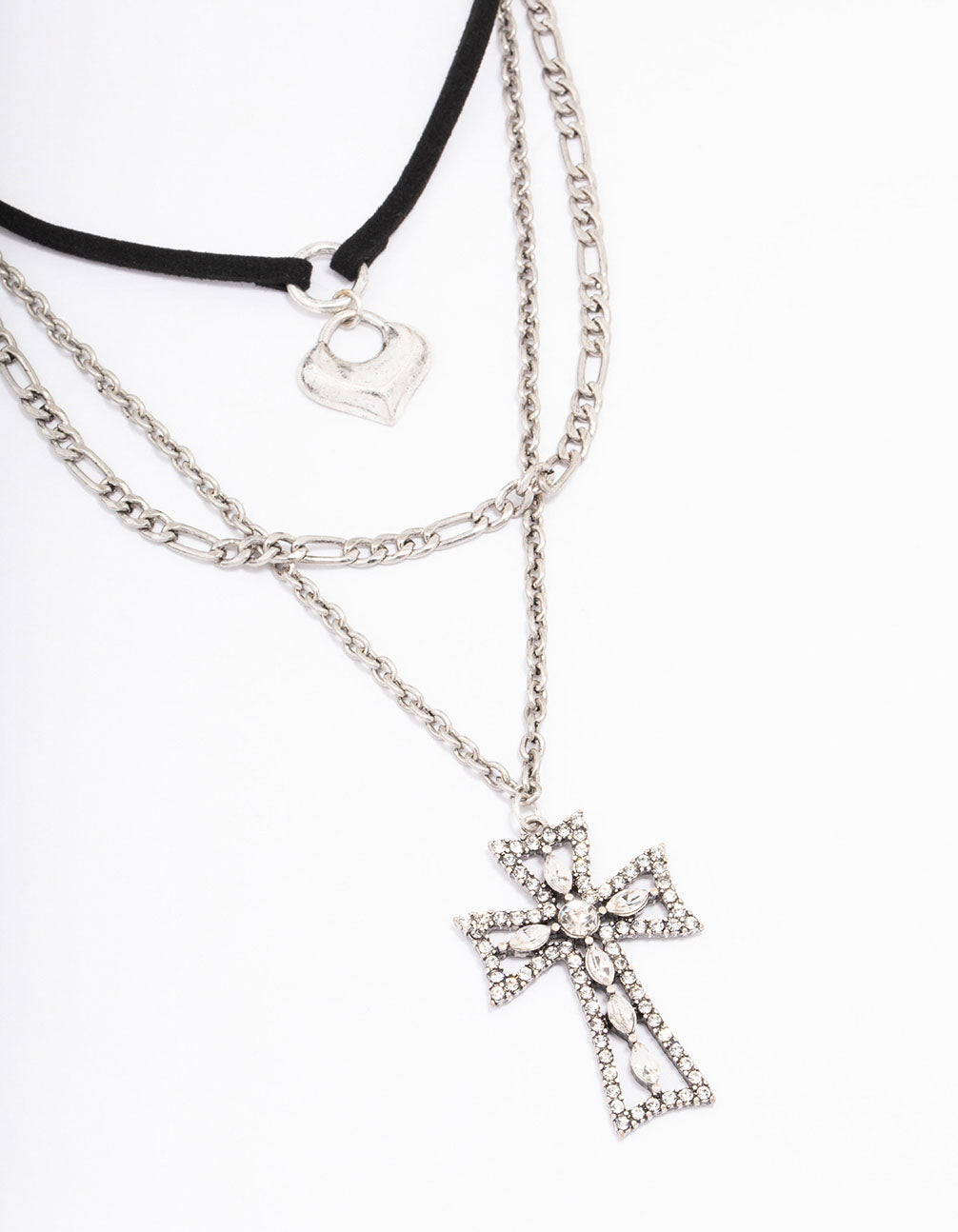 Rhodium Cross Cord Layered Necklace