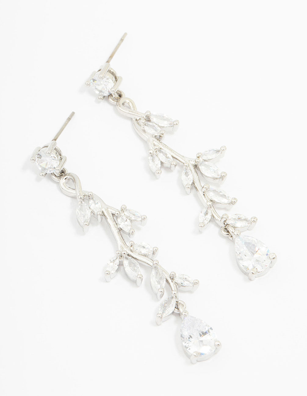 Rhodium Cubic Zirconia Vine Leaf Drop Earrings