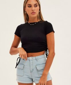 Blue Cargo Denim Shorts High Rise