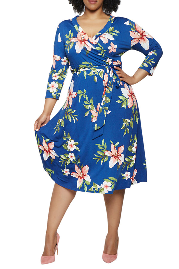 Women's Summer Swing Dress Floral V Neck Plus Size Midi Dress - Image 5
