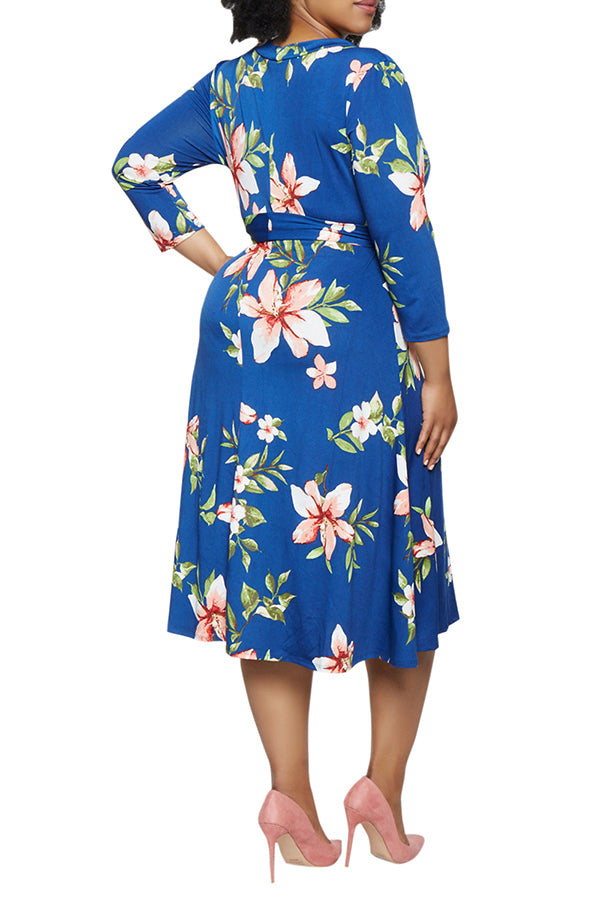 Women's Summer Swing Dress Floral V Neck Plus Size Midi Dress - Image 6