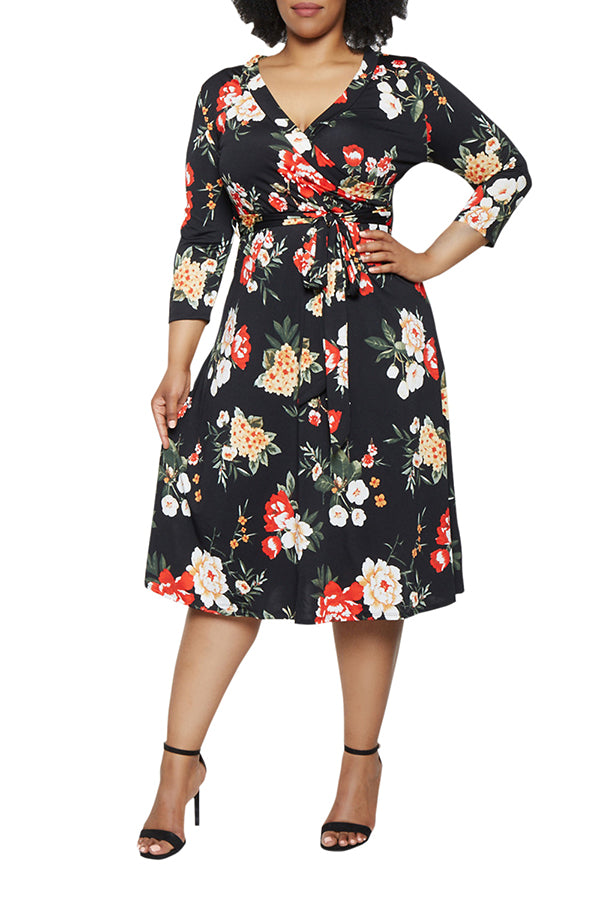 Women's Summer Swing Dress Floral V Neck Plus Size Midi Dress - Image 7
