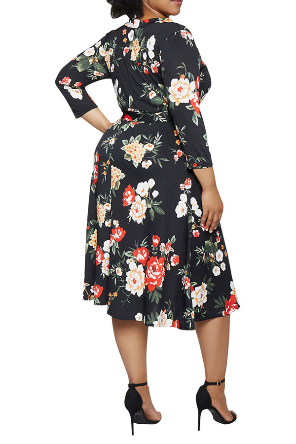 Women's Summer Swing Dress Floral V Neck Plus Size Midi Dress - Image 8