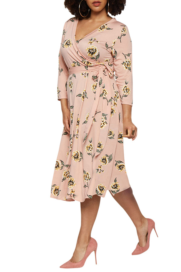 Women's Summer Swing Dress Floral V Neck Plus Size Midi Dress - Image 9
