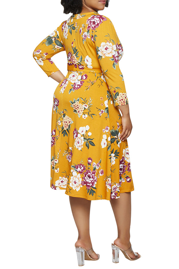 Women's Summer Swing Dress Floral V Neck Plus Size Midi Dress - Image 4