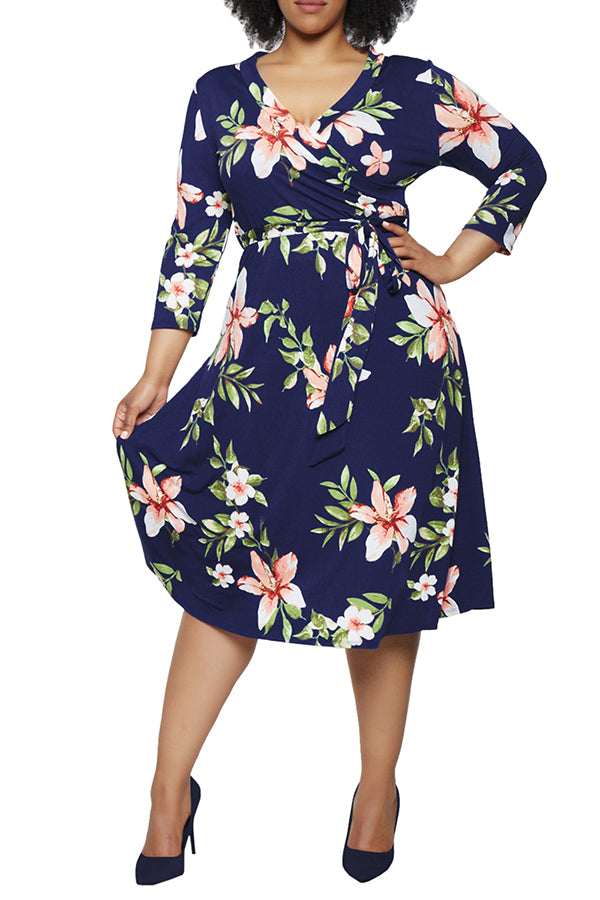 Women's Summer Swing Dress Floral V Neck Plus Size Midi Dress