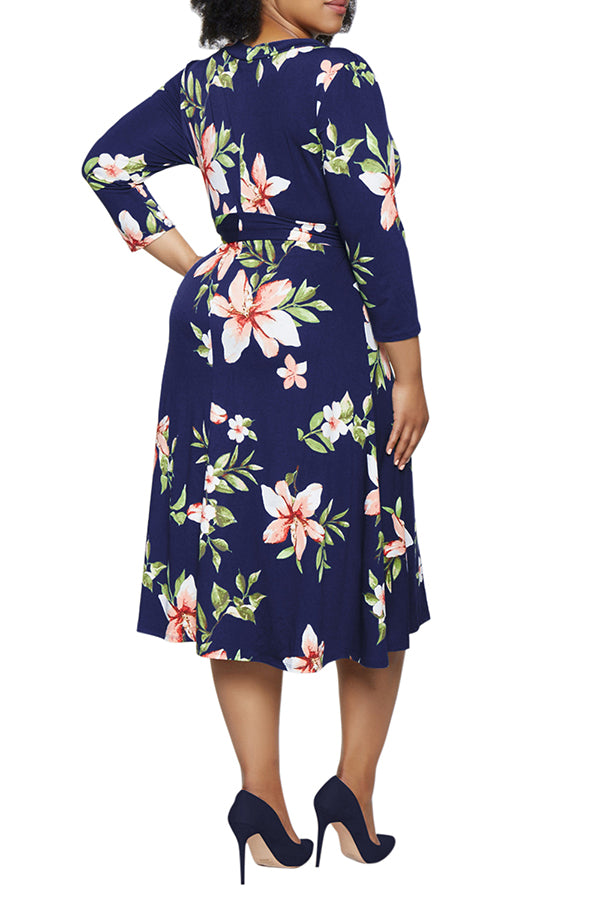 Women's Summer Swing Dress Floral V Neck Plus Size Midi Dress - Image 2