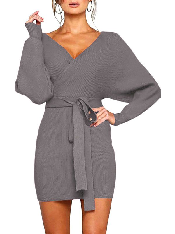 Women's Sexy Cocktail Dress V Neck Long Sleeve Wrap Knit Sweater Mini Dress - Image 10