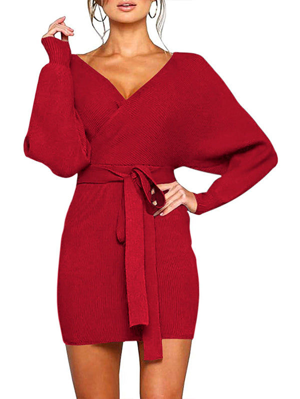 Women's Sexy Cocktail Dress V Neck Long Sleeve Wrap Knit Sweater Mini Dress - Image 8