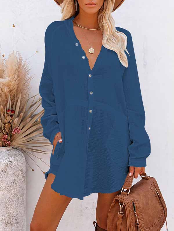 Women's Long Sleeve V Neck Button Down Shirt Summer Tunic Dresses