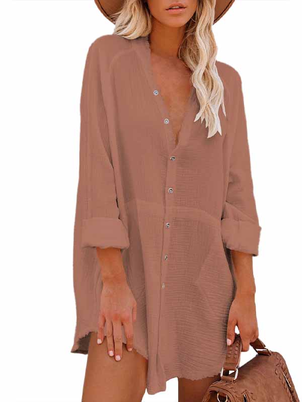 Women's Long Sleeve V Neck Button Down Shirt Summer Tunic Dresses - Image 2