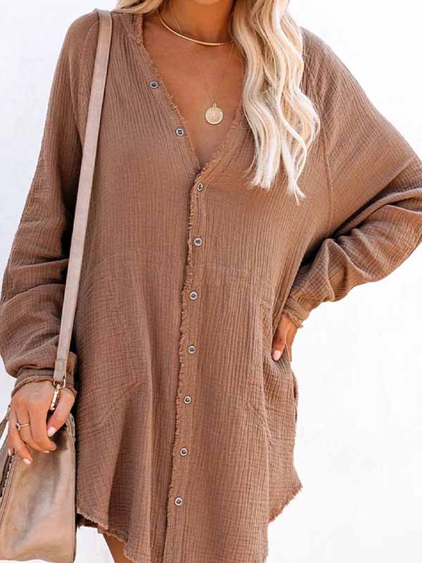 Women's Long Sleeve V Neck Button Down Shirt Summer Tunic Dresses - Image 3