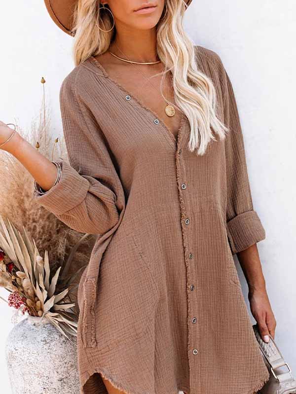 Women's Long Sleeve V Neck Button Down Shirt Summer Tunic Dresses - Image 4