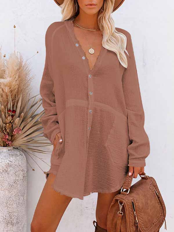 Women's Long Sleeve V Neck Button Down Shirt Summer Tunic Dresses - Image 5