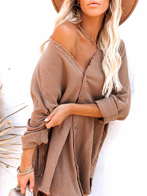 Women's Long Sleeve V Neck Button Down Shirt Summer Tunic Dresses - Image 6