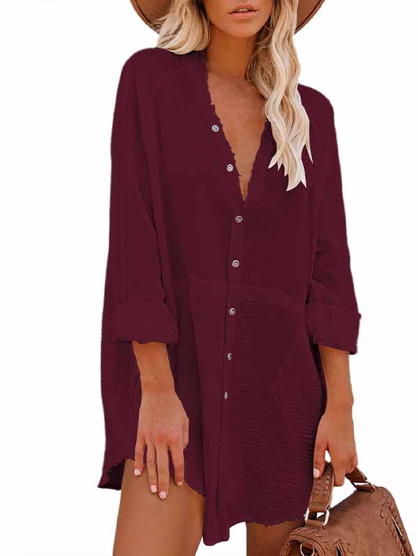 Women's Long Sleeve V Neck Button Down Shirt Summer Tunic Dresses - Image 7