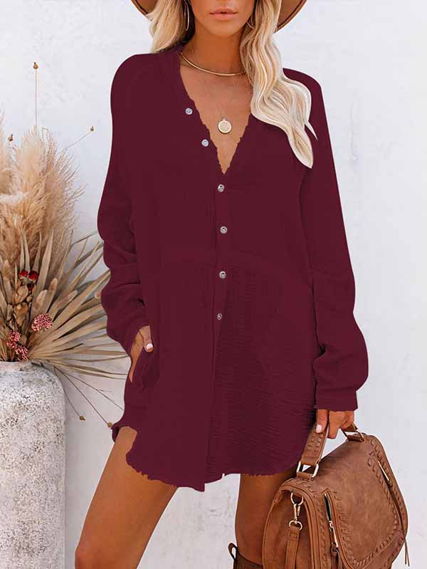 Women's Long Sleeve V Neck Button Down Shirt Summer Tunic Dresses - Image 8