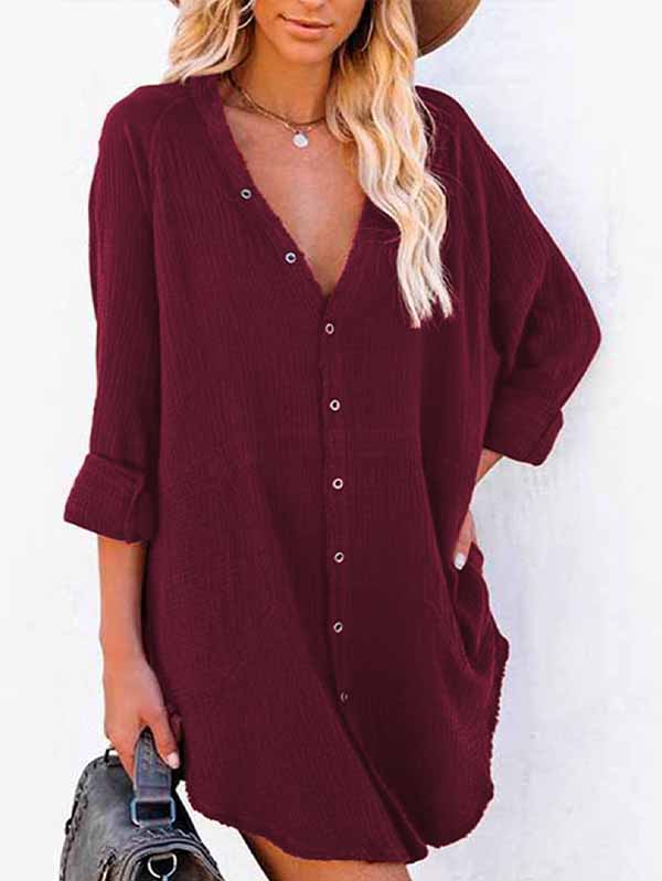 Women's Long Sleeve V Neck Button Down Shirt Summer Tunic Dresses - Image 9