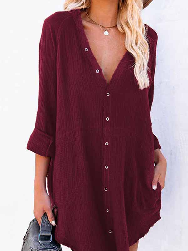 Women's Long Sleeve V Neck Button Down Shirt Summer Tunic Dresses - Image 10
