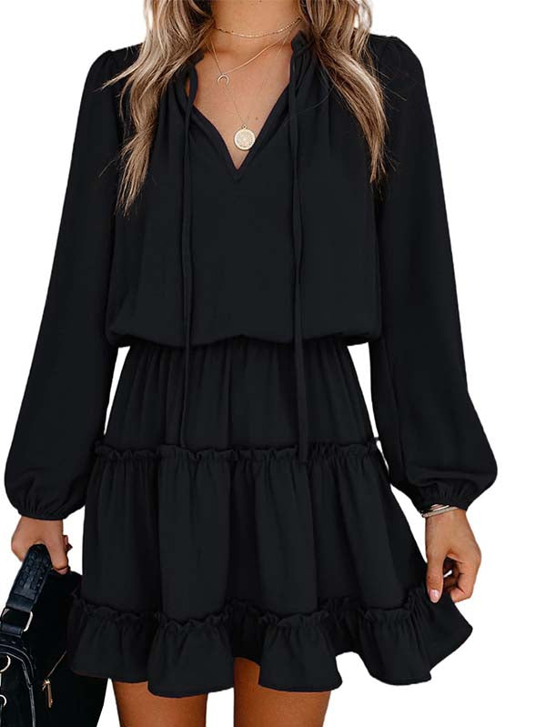 Women Casual Spring Summer Dresses Long Sleeve Ruffle Flowy Swing Dress - Image 3