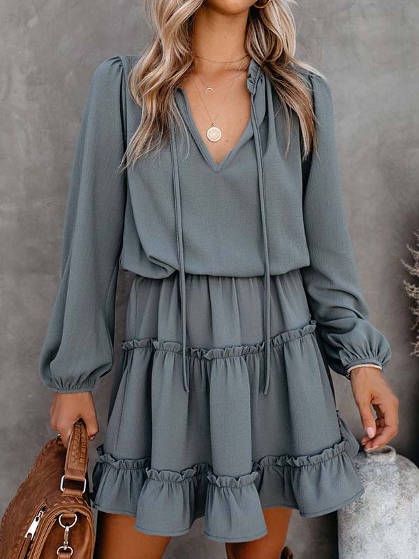 Women Casual Spring Summer Dresses Long Sleeve Ruffle Flowy Swing Dress - Image 7