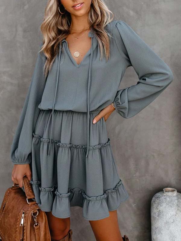 Women Casual Spring Summer Dresses Long Sleeve Ruffle Flowy Swing Dress - Image 8