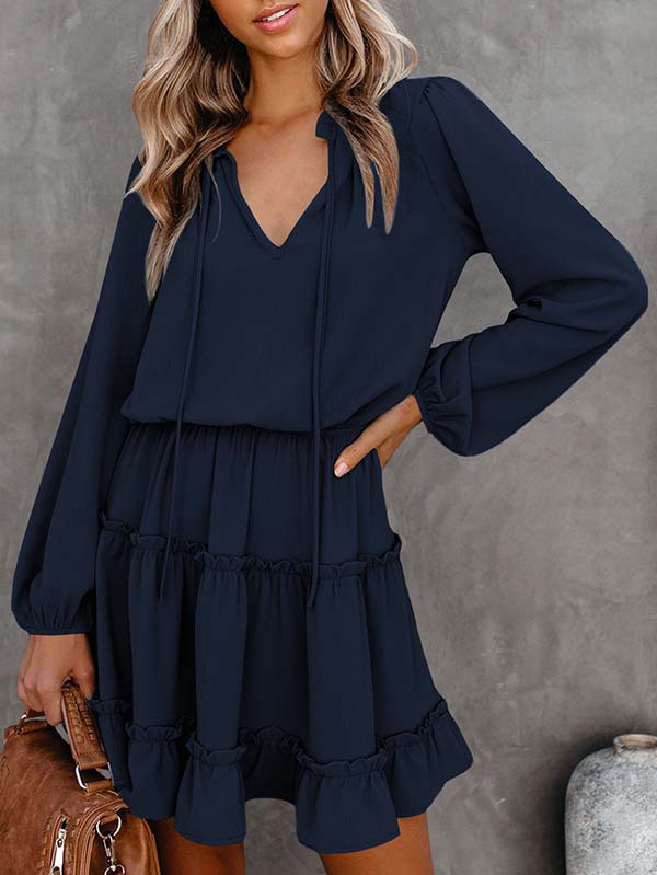 Women Casual Spring Summer Dresses Long Sleeve Ruffle Flowy Swing Dress