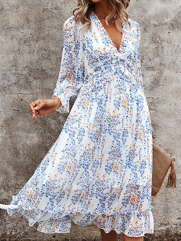 Womens Long Sleeve V Neck Ruffle Floral Midi Dress Sun Dresses - Image 4
