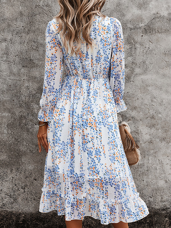 Womens Long Sleeve V Neck Ruffle Floral Midi Dress Sun Dresses - Image 2