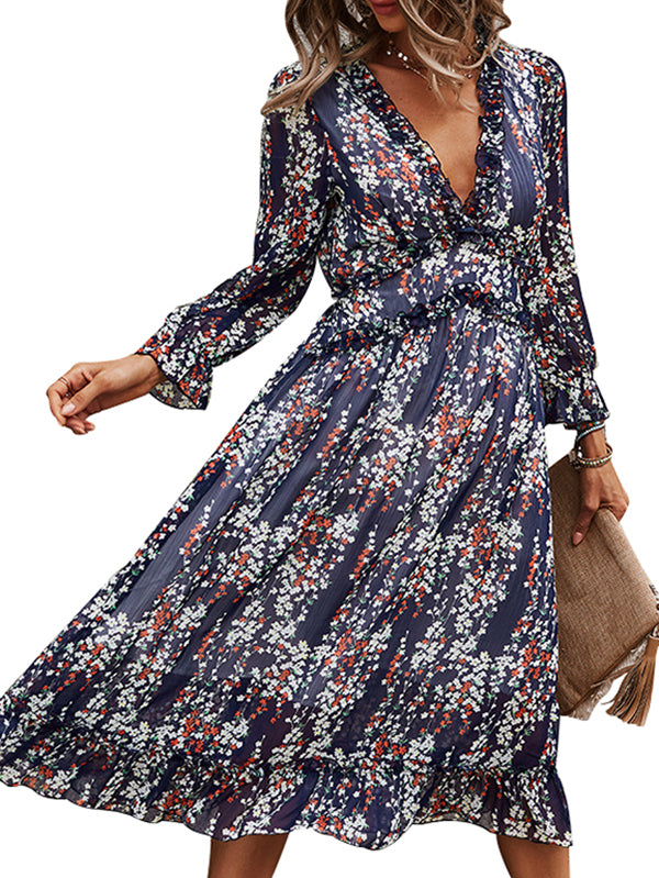 Womens Long Sleeve V Neck Ruffle Floral Midi Dress Sun Dresses - Image 10