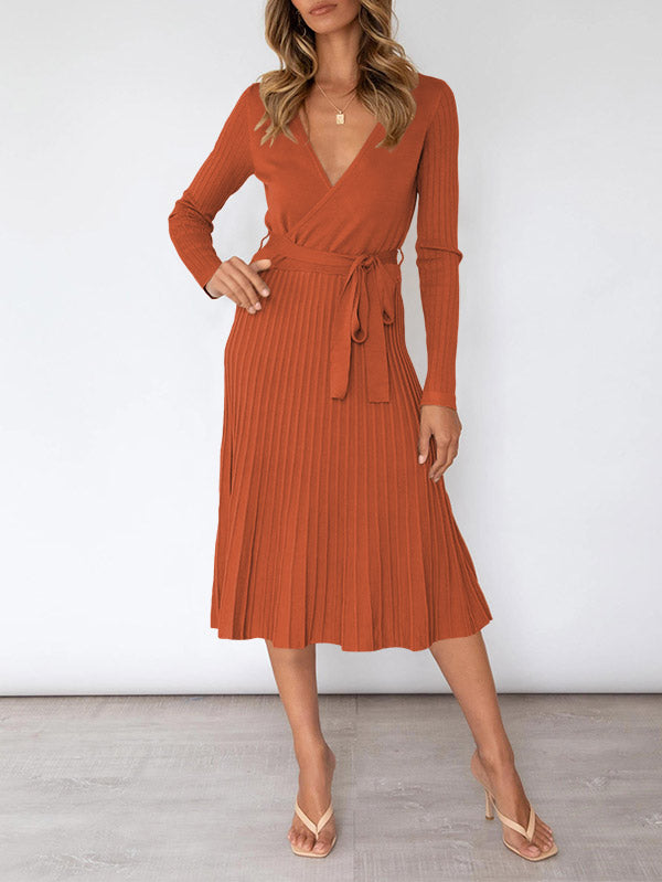 Women's Long Sleeve Midi Dress Wrap Pleated Sweater Dresses - Image 7