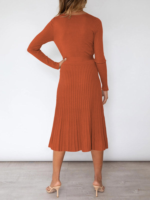 Women's Long Sleeve Midi Dress Wrap Pleated Sweater Dresses - Image 8
