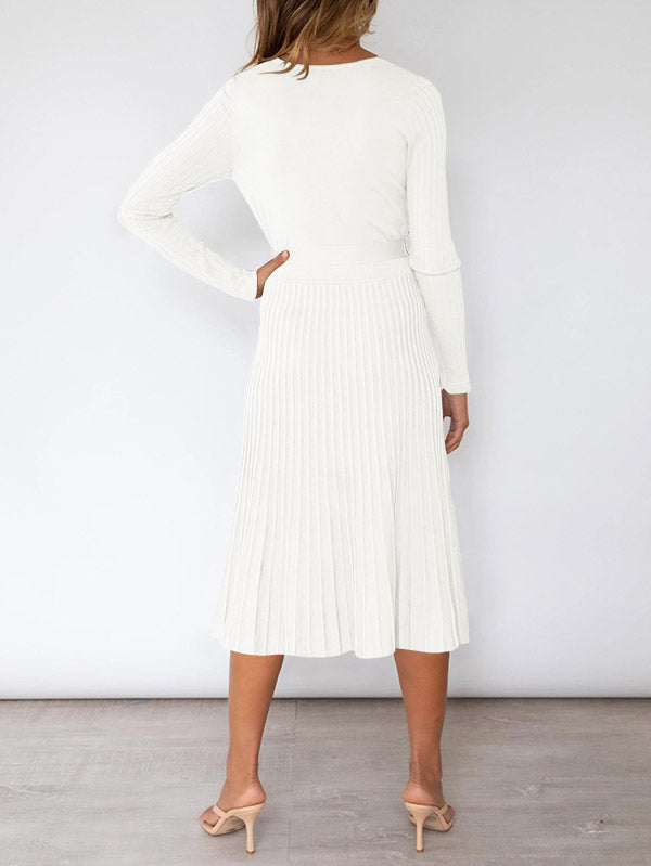 Women's Long Sleeve Midi Dress Wrap Pleated Sweater Dresses - Image 3