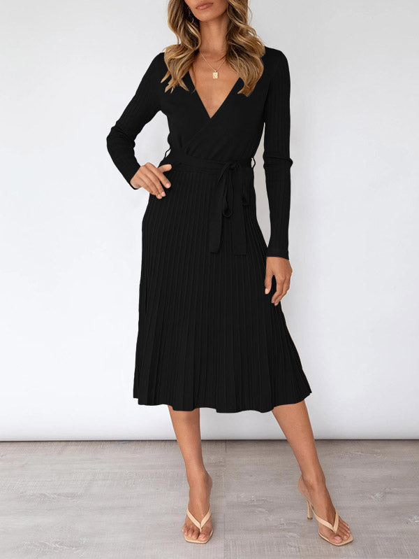 Women's Long Sleeve Midi Dress Wrap Pleated Sweater Dresses - Image 4