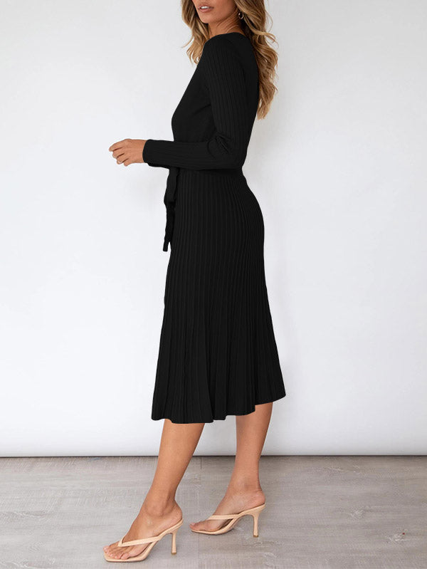 Women's Long Sleeve Midi Dress Wrap Pleated Sweater Dresses - Image 5