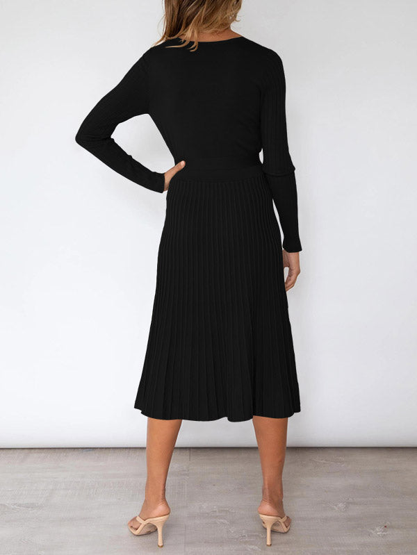Women's Long Sleeve Midi Dress Wrap Pleated Sweater Dresses - Image 6