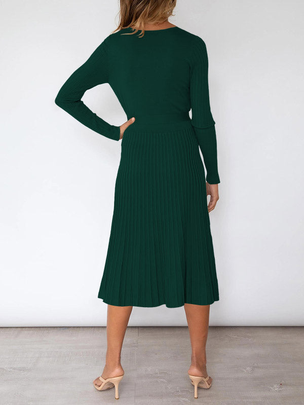 Women's Long Sleeve Midi Dress Wrap Pleated Sweater Dresses - Image 9