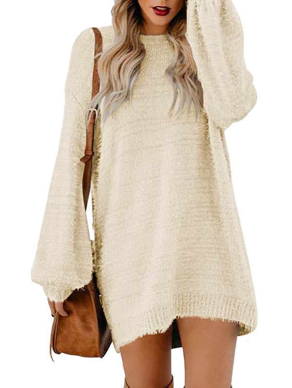 Women's Lantern Sleeve Dresses Crewneck Oversized Pullover Sweater Mini Dress - Image 9