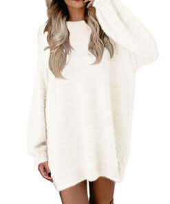 Women's Lantern Sleeve Dresses Crewneck Oversized Pullover Sweater Mini Dress