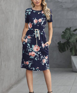 Women's Midi Casual Dresses Short Sleeve Pocketed Floral T Shirt Dress