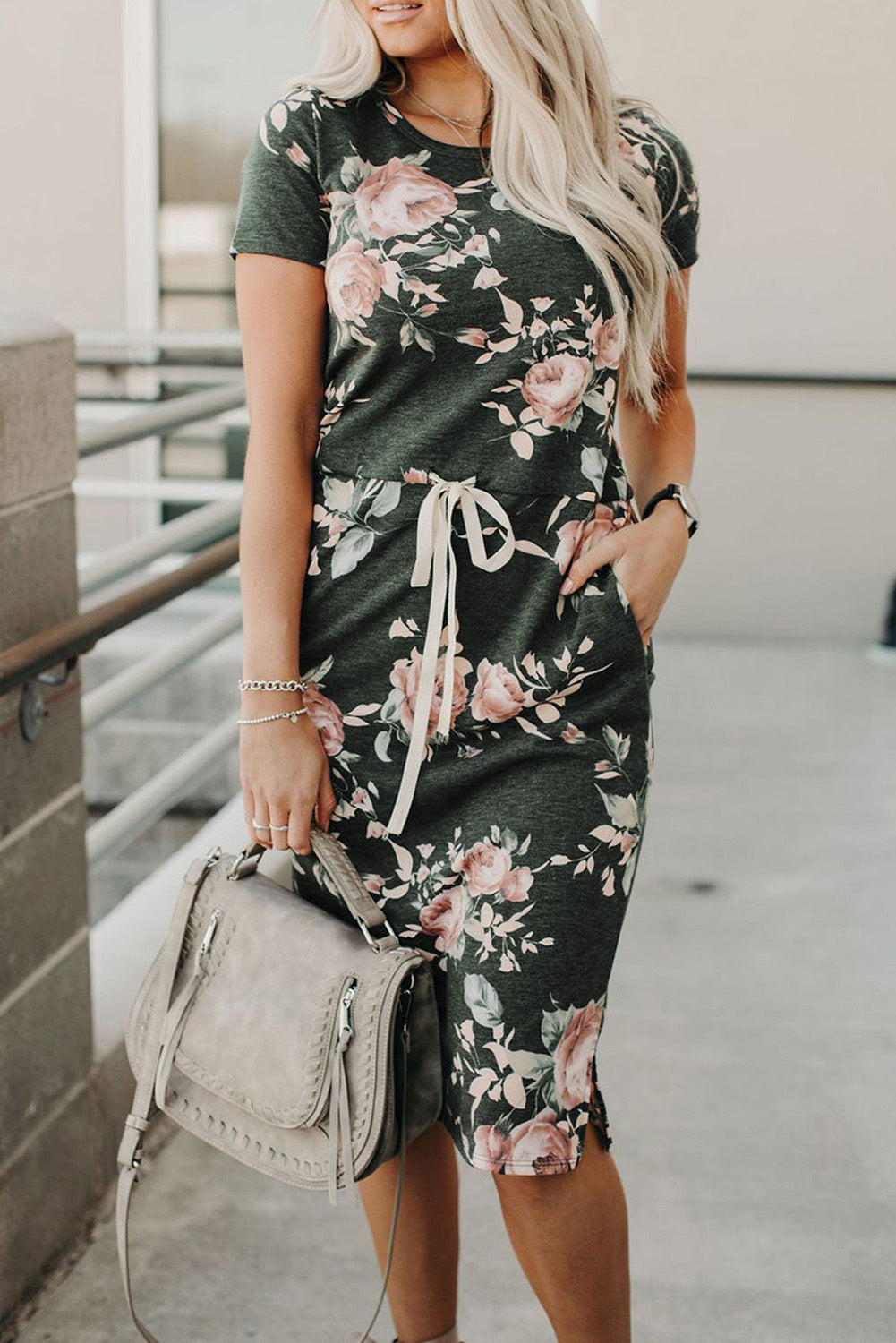 Women's Midi Casual Dresses Short Sleeve Pocketed Floral T Shirt Dress - Image 6