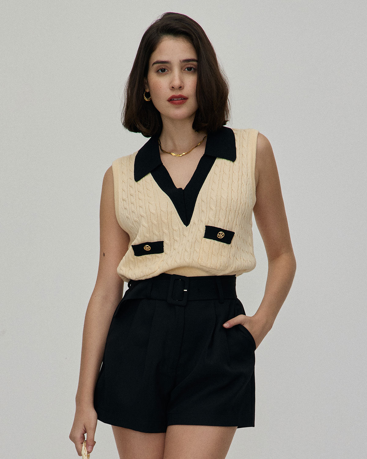 The Black High-waisted Pleated Belted Shorts - Image 2
