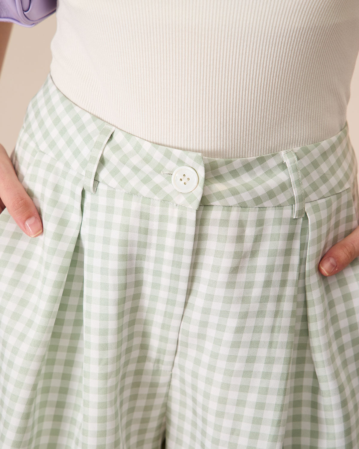 Women's Green Plaid Pocket Wide-leg Shorts - Image 2